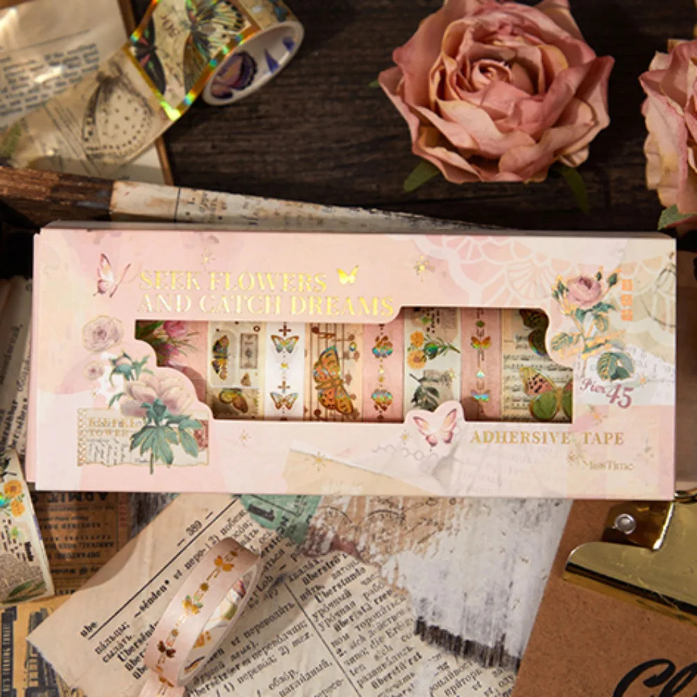 Mr. Paper Vintage Plant Washi Tape Gift Box Bronzing High Appearance Handbook Material Collage Stationery 8rolls/box