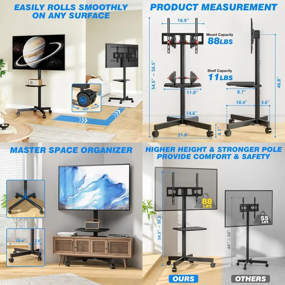 

Портативная тележка для телевизора с регулировкой наклона и высоты для телевизоров 23–65 лет, мобильная подставка с бесшумными колесами для дома и офиса