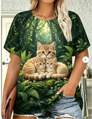 Women Crew Neck Short Sleeve T‑shirt Wolf Cub Moon Night Forest Starry Scenery Print Casual Summer Blue Top
