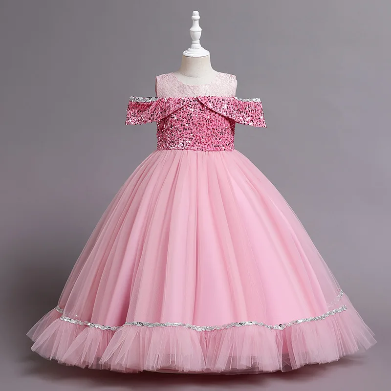 Children\'s princess dress lace one-shoulder long dress flower girl wedding dress dress lace beaded party princess dress