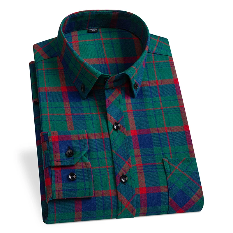 New Men\'s Long Sleeve Casual Shirt Cotton Flannel Plaid Front Pocket Fashion Warm Clothing Businessman Winter Daily Chic Shirts