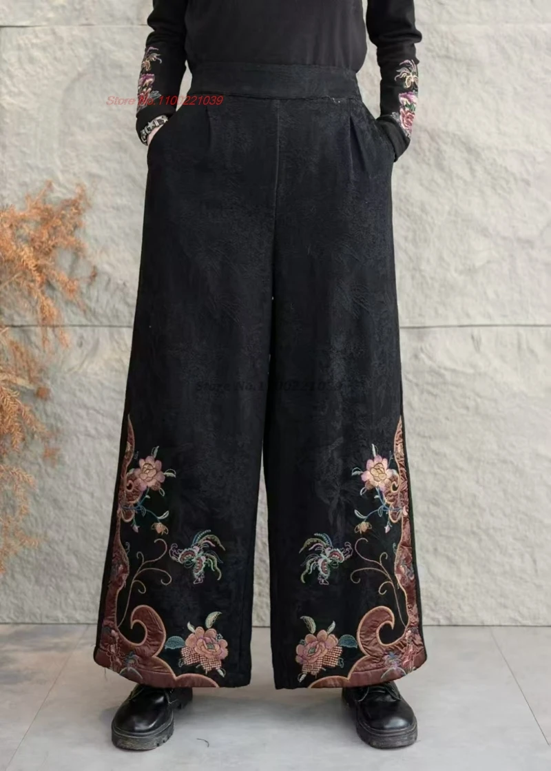 2024 chinese vintage fleece lined pants flower embroidered wide leg trousers national cotton linen jacquard folk thicken pants