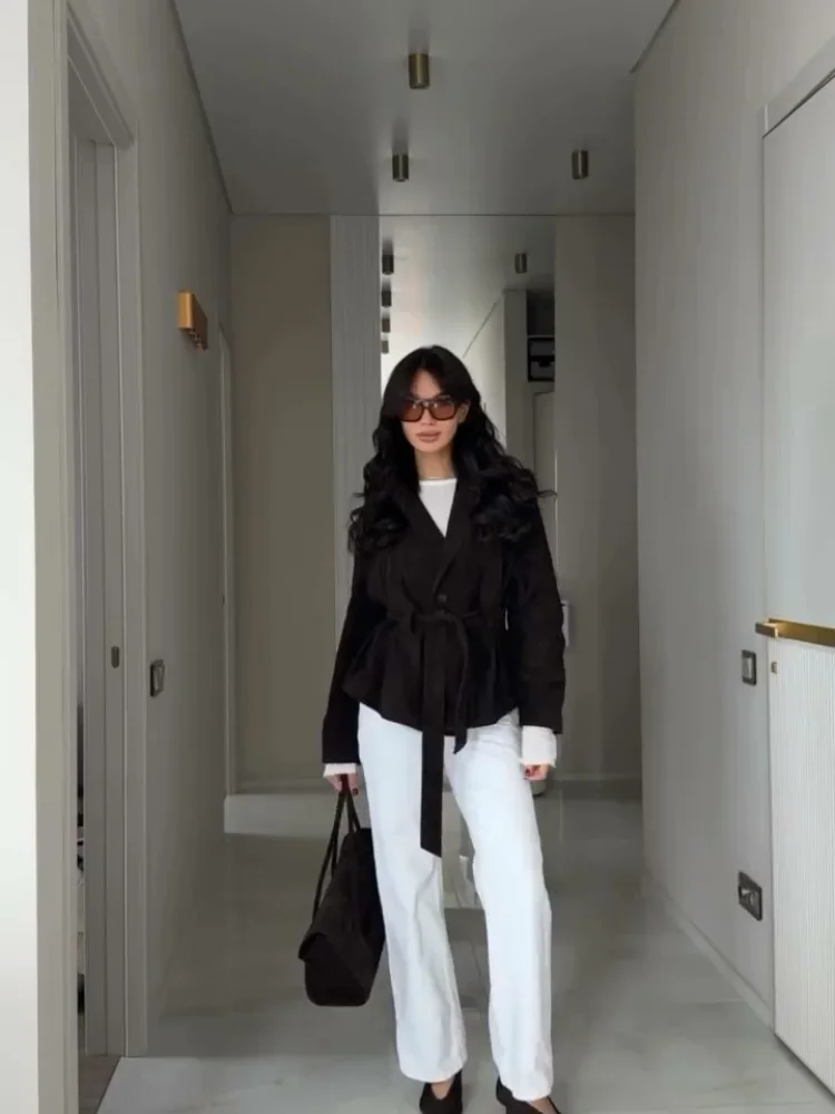 Casual Lady  Office Solid Coat Chic Outerwear Outfit Vintage Women's Cropped Suede Belted Jacket Coats Notched Lapel Oversized