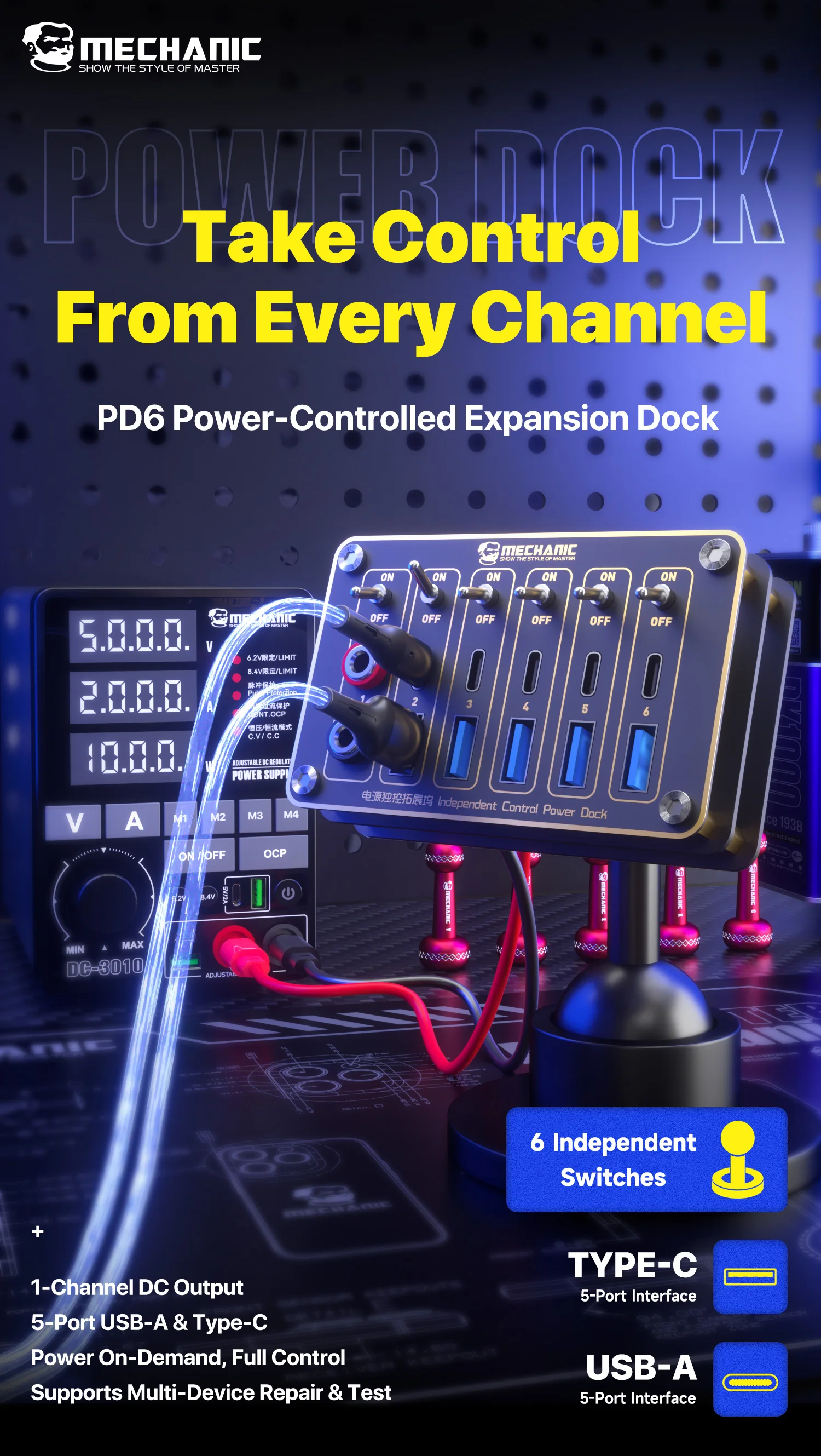 MECHANIC PD6 Independent Control Power Dock For Cellphone Motherboard Boot Test Repair Power Dock Station