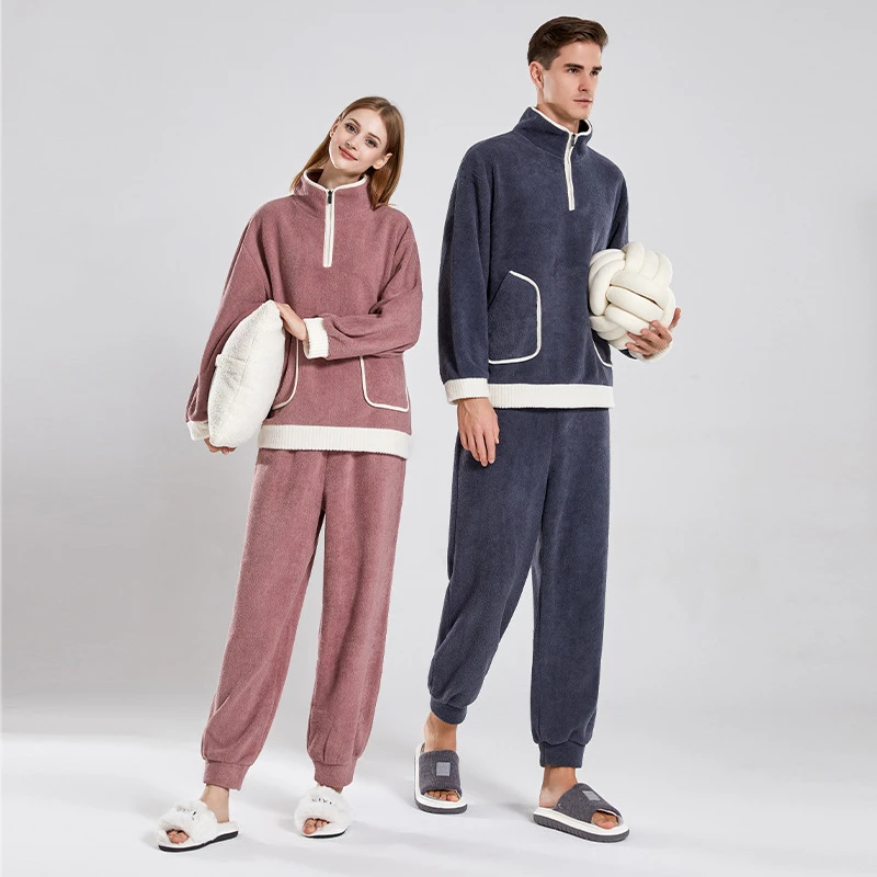 

Autumn Winter Flannel Kimono Bathrobe Gown Thickened Coral Fleece Couple Pajamas Set Solid Loose Sleepwear High-Collar