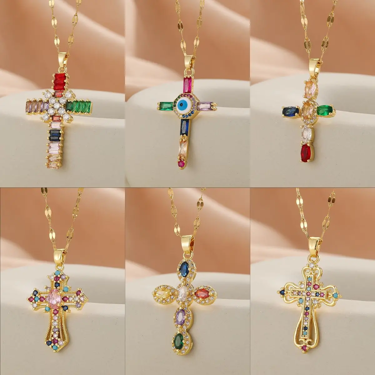 

2024 popular European and American pendant, Middle Eastern style personalized design, micro inlaid colorful cross necklace