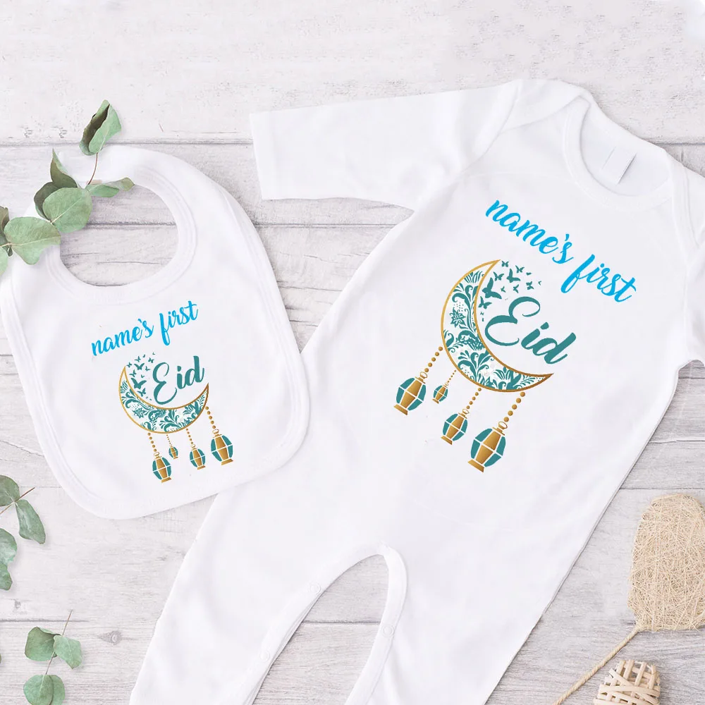 Personalized Baby First Eid Outfits Custom Name Newborn Sleepsuit & Bibs Set Clothes Islamic Muslim Holiday Infant Clothes - view 2