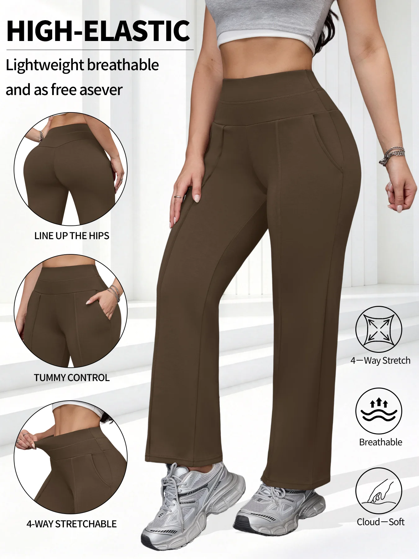 Women High Waist Pockets Yoga Wide-leg Pants Solid Color Stretchy Leggings Running Pilates Sports Fashion Straight-Leg Pants