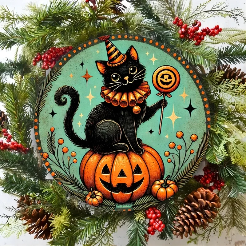 2D Flat, Vintage Orange Clown Hat Black Cat & Pumpkin Wreath Wall Decor - 8x8 Inch Round Aluminum Metal Sign Suitable for Doors,