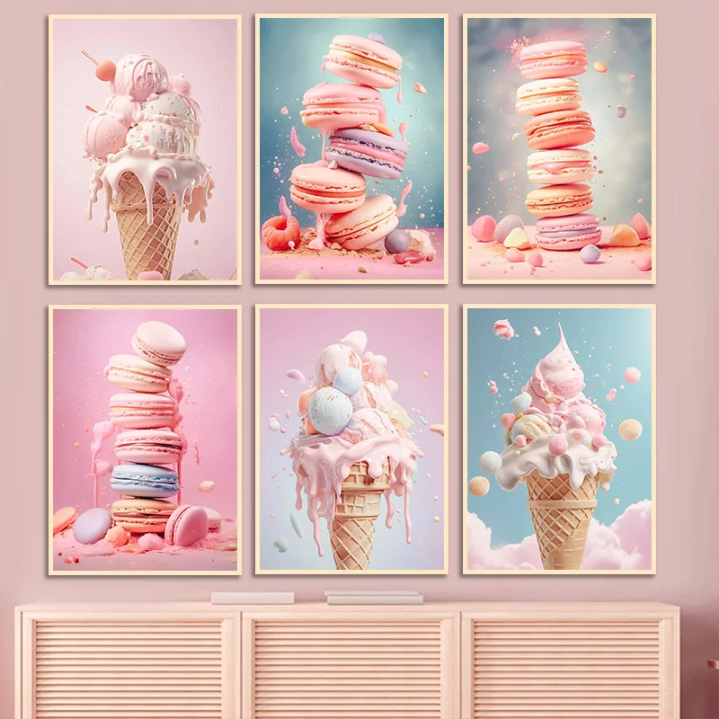 Póster de macarrón helado de comida rosa a la moda, pintura en lienzo Pop, arte de pared impreso, imagen HD, decoración del hogar para habitación de niñas y guardería sin marco