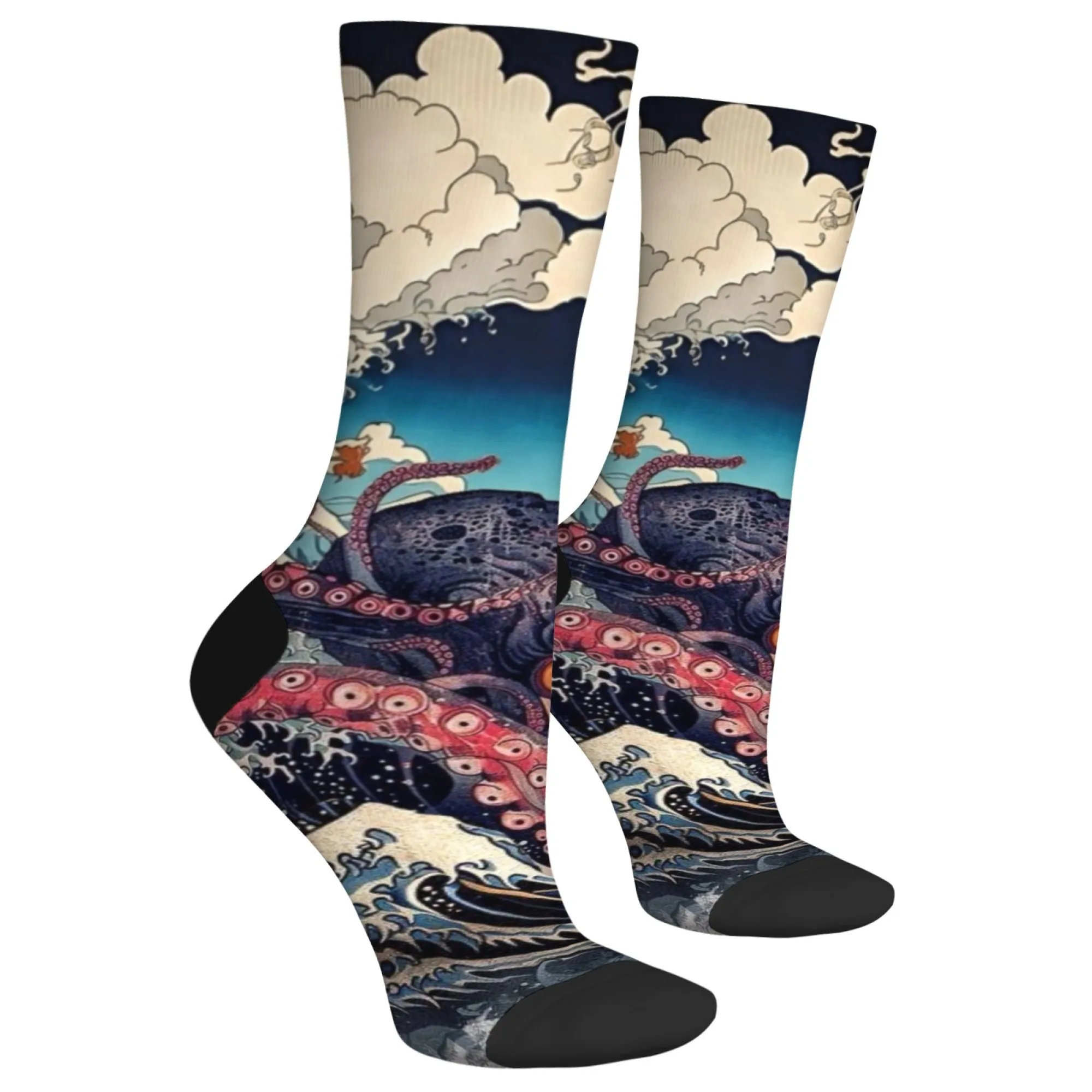 Ukiyo-e style retro ocean wave octopus art men's socks creative fashion design novelty street hip-hop happy crew socks fun gift