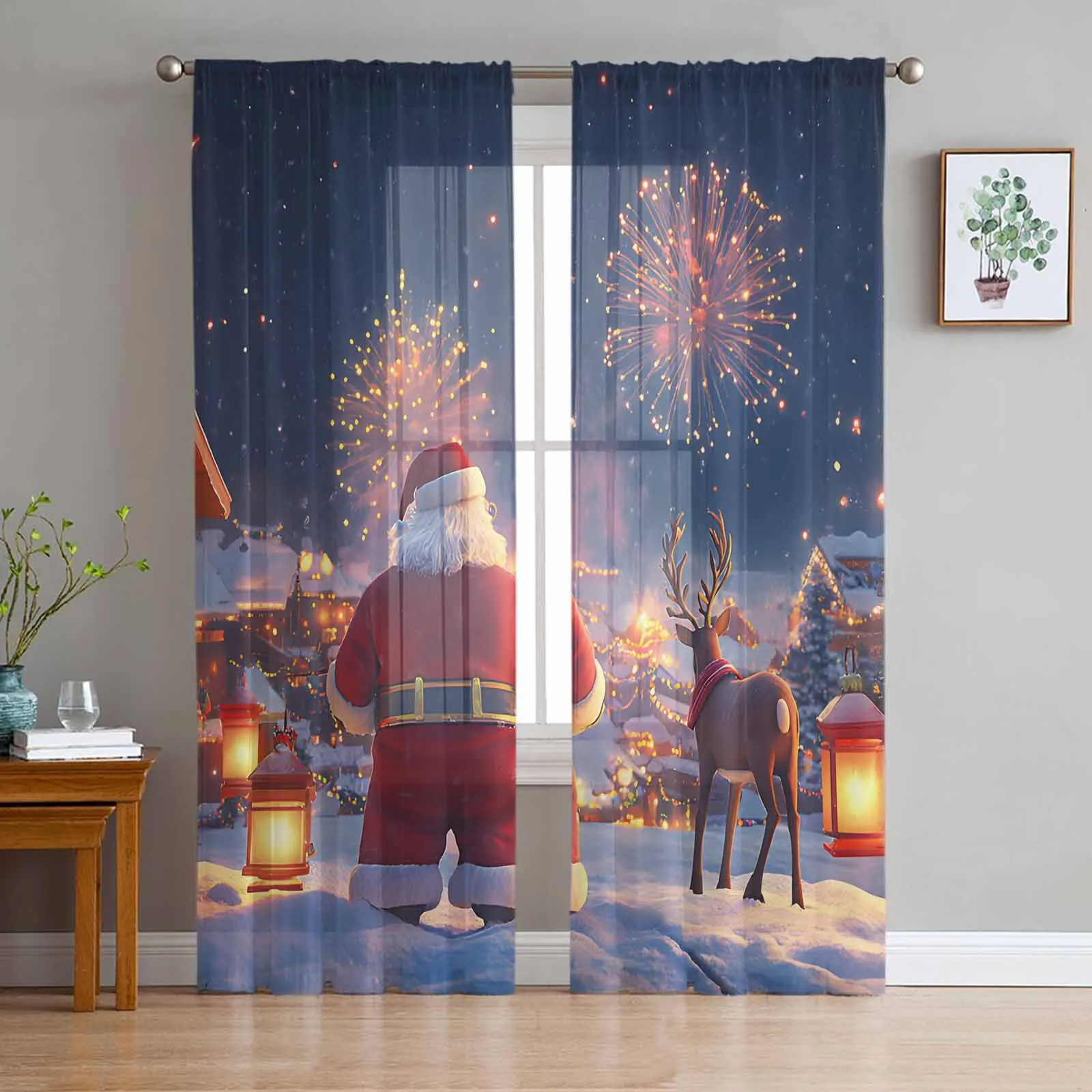 Christmas Old Man Reindeer Curtains Living Room Bedroom Kitchen Decoration Window Voiles Organza Tulle Curtain