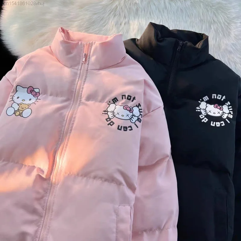 Sanrio Hello Kitty Fashion Cute Black Cotton Jacket Y2k Gothic Girls Winter Thickened Warm Cotton Padded Jacket Punk Down Coats