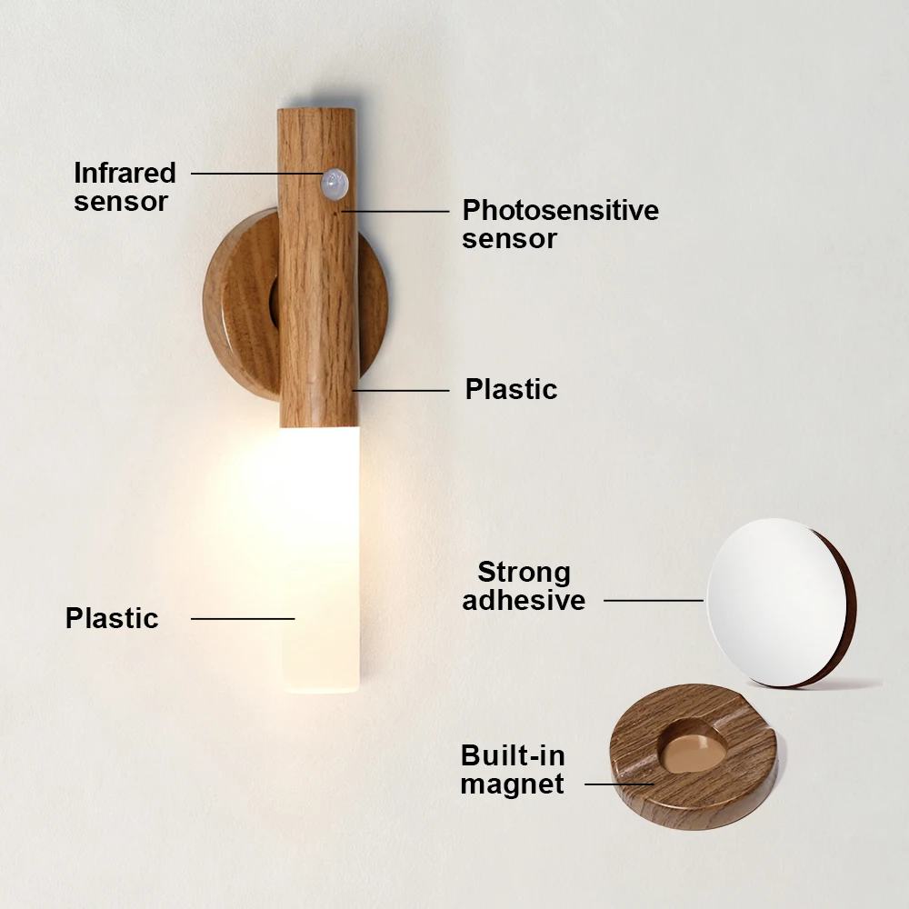 Night Light Motion Sensor Wall Lights Rechargeable Wall Sconces Magnetic Wall Lamp Wooden Night Lighting for Bedroom Stair