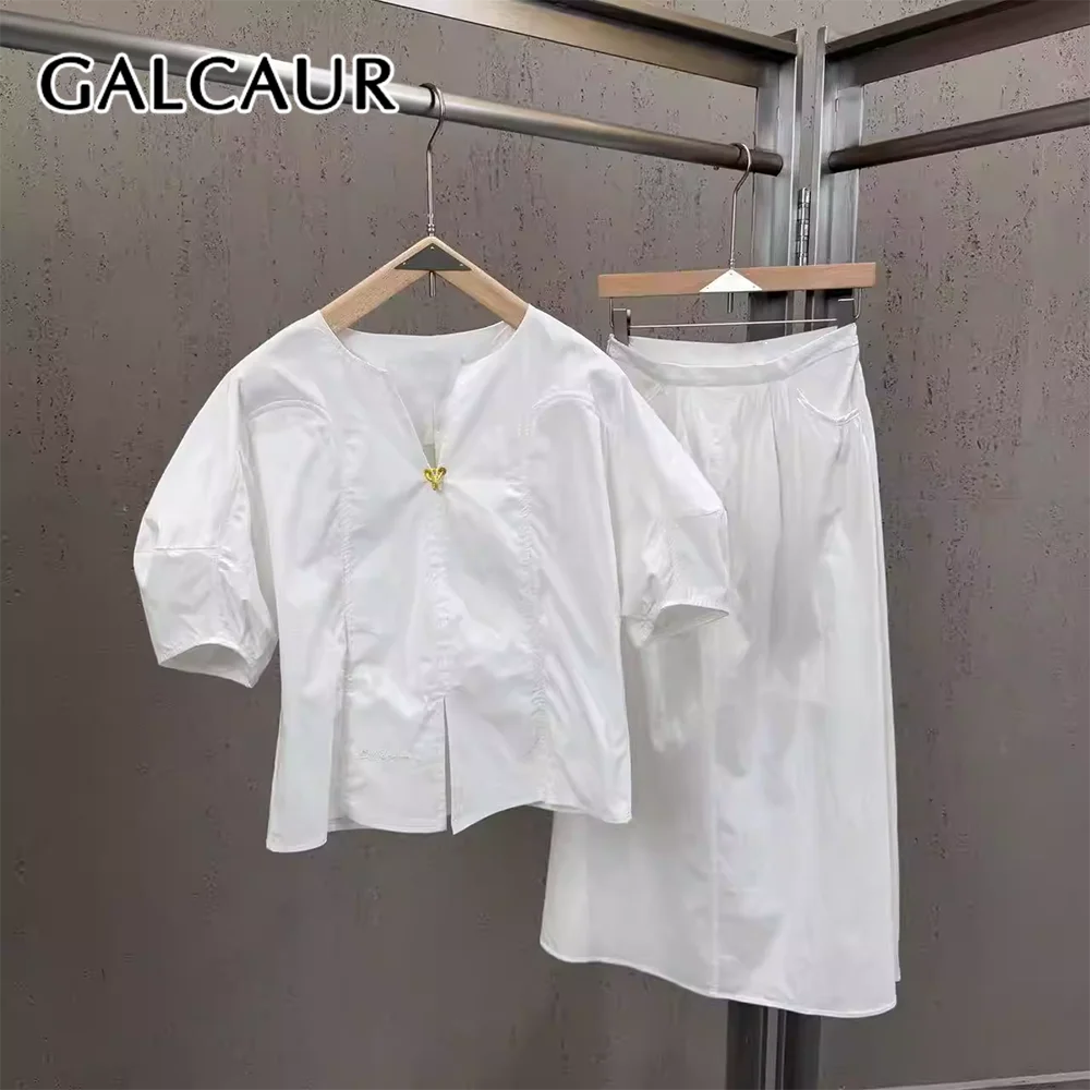 

GALCAUR Solid Loose Spliced Folds Two Piece Sets for Women Round Neck Short Sleeves Patchwork Pockets Skirt Set Female Elegant
