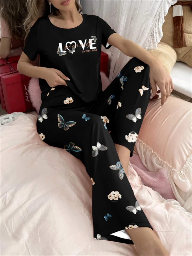 Black butterfly English letter print pajamas set short-sleeved round-neck top and elastic trousers women\'s pajamas home wear