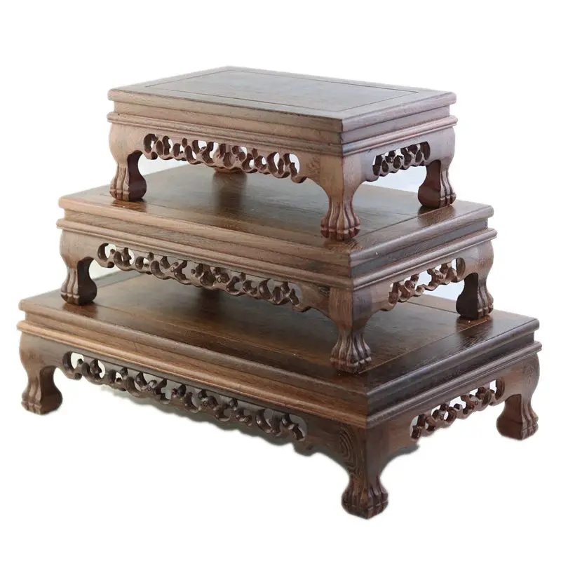 الخشب الأحمر منحوتة تمثال بوذا قاعدة جناح الدجاج الخشب طاولة جانبية مستطيلة مزهرية حجرية و بونساي عرض موقف العمل الفني