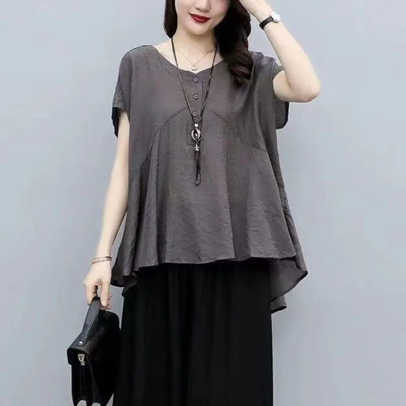 New Summer Solid Color V-Neck Button Spliced Loose Versatile Fashion Simplicity Commuter Women\'s Short Sleeve Chiffon Shirt Top