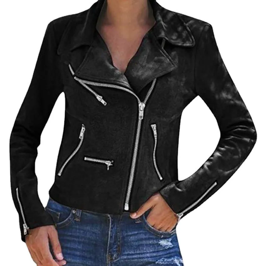 Turn Down Collar Zipper Coat with Slim Fit Short Length Commuter Style Medium Thickness Patchwork Long Sleeve Women Jacket