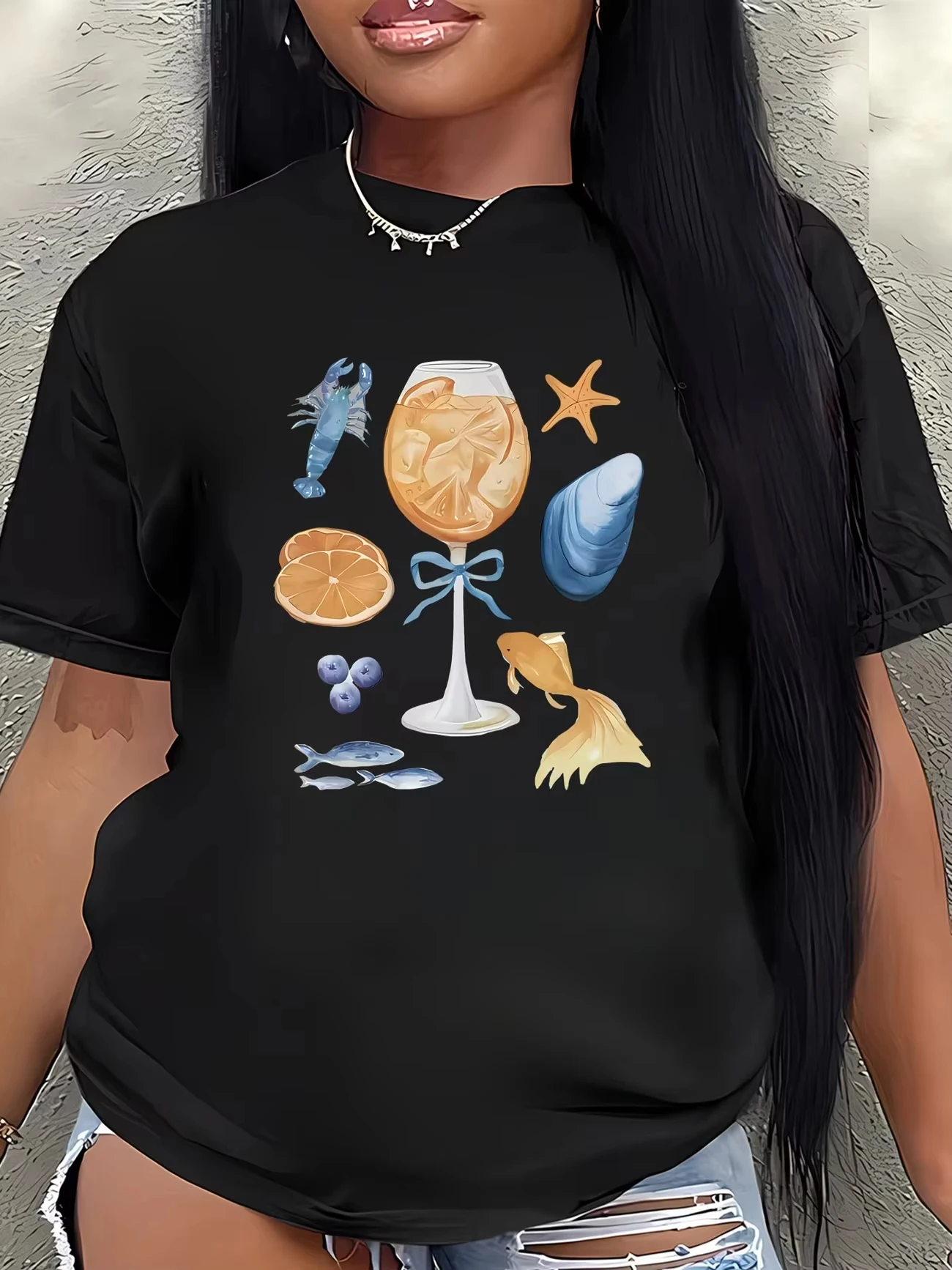 Unisex Summer Sea Food Wine Glass Graphic T‑Shirt Ocean Creature Fruit Print Short Sleeve Casual Vacation Daily Tee Men Women