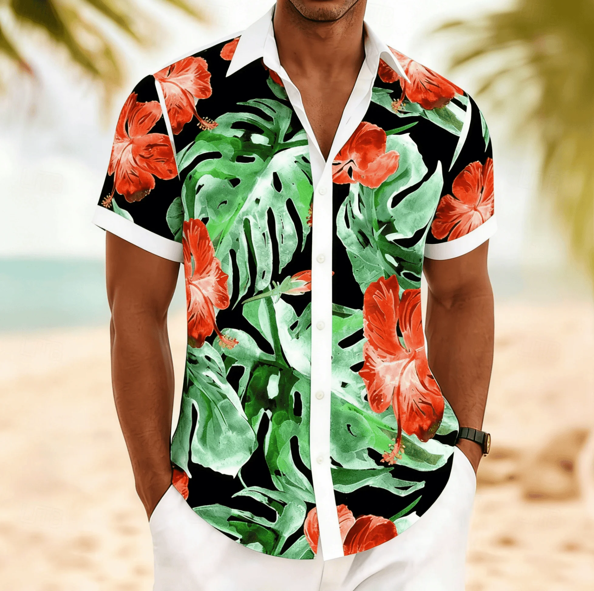 

Men's Hibiscus & Monstera Print Short Sleeve Shirt, Spring Summer Vintage Hawaiian Vacation Blouse, Loose Casual Top