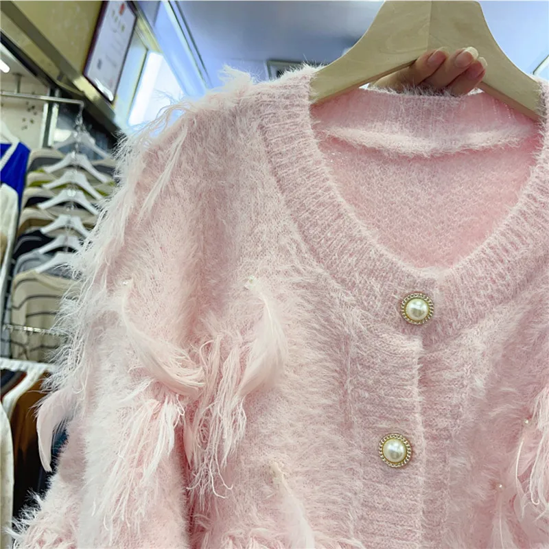 Feather Decoration Imitation Mink Cashmere Knit Sweater Autumn Women Short Cardigan Jacket Round Neck Long Sleeve Sueter Mujer