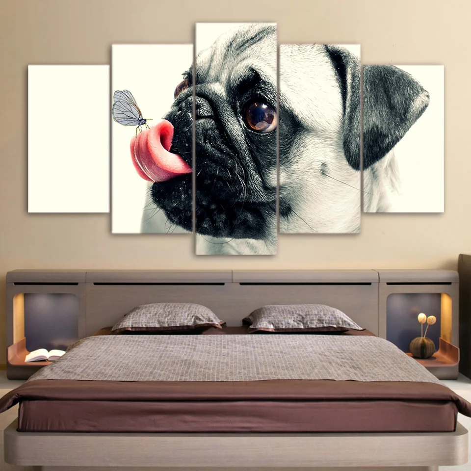 

5 Pieces Wall Art Canvas Cute Pugs Pet Dog Decor Picture Painting For Living Room Poster Print Bedroom Mural Home Decoration