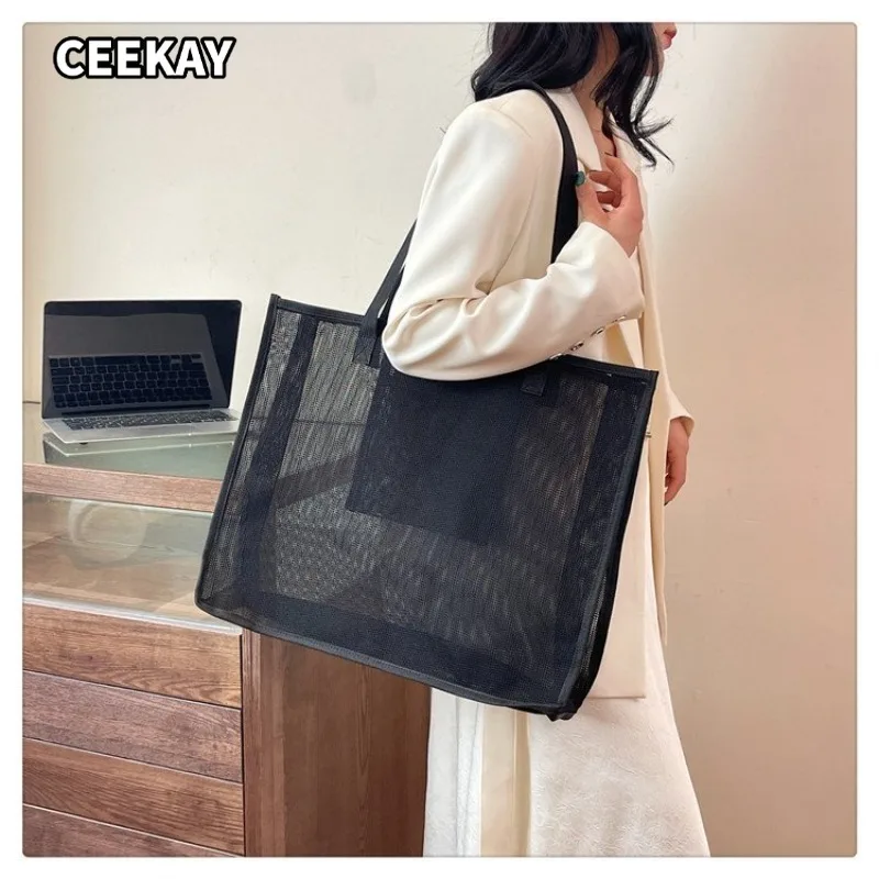CEEKAY Women's Tote Bag Black Mesh Transparent Large Capacity Shoulder Handbag Open Top Daily Casual Commute Style