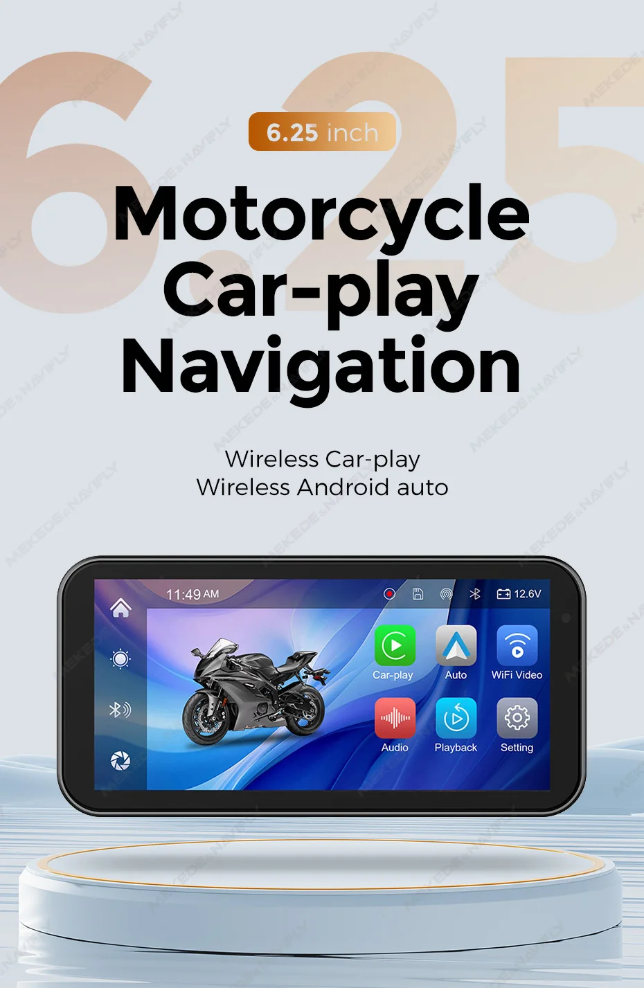 MEKEDE 6,25 zoll Tragbare Motorrad Navigation IP67 Wasserdichte Drahtlose Carplay Android Auto BT TF DVR Stick Recorder Moto Monit – Detail 6