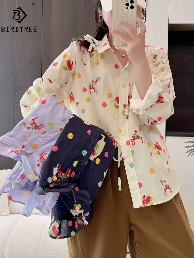 New Autumn Cotton Long Sleeve Shirt, Women Lapel Cartoon Print Top, Mori Girl Sweet Fashion Loose Blouse, 2024 Winter T48480QM