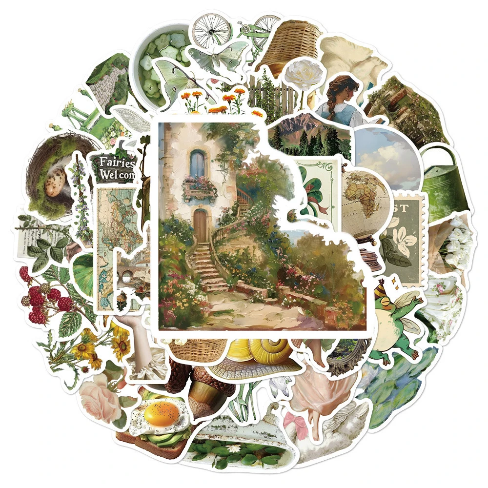 10/30/50 Uds. Pegatinas Estilo Americano Retro Pastoral Campestre, Adhesivos Artísticos Estéticos Verde Fresco para Botellas de Agua, Maletas y Teléfonos