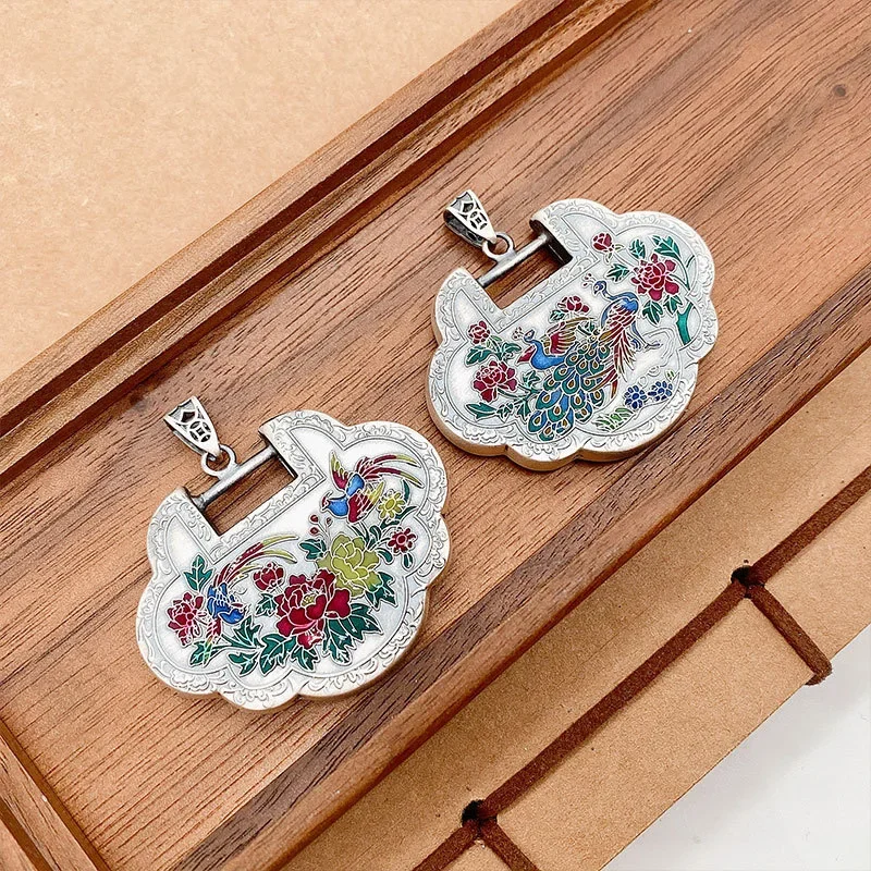 Classic National Style Enamel Colored Pastoral Style Flower and Phoenix Ruyi Lock Pendant 925 Silver Necklace for Women Jewelry