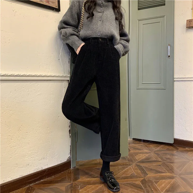 Retro High Waist Corduroy Pants Women Spring Fall Straight Causal Full Length Trousers Korean Fashion Baggy All Match Black Pant