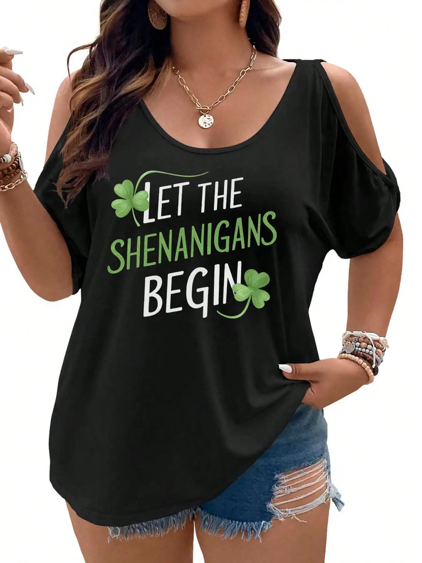 

Black Cold Shoulder Tee with Clover Print for St. Patrick's Day