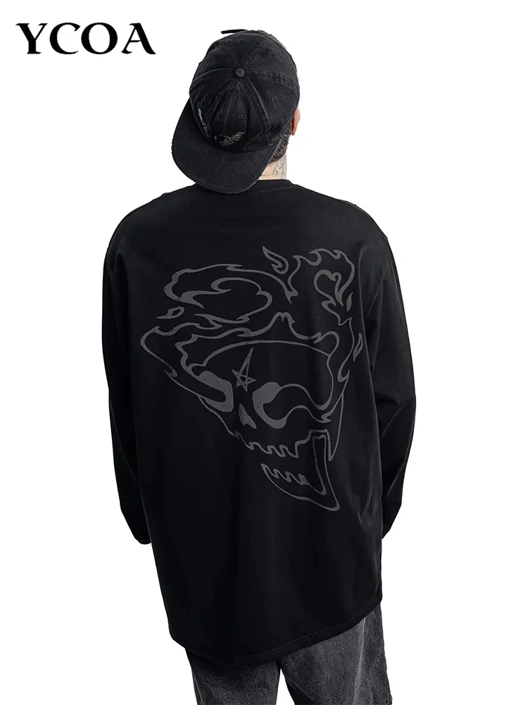 الرجال تي شيرت الشيطان نادي الجرافيك الجمجمة القوطية المتضخم كم طويل بلايز Y2k الشارع الشهير القطن الخريف موضة تيز للجنسين الملابس