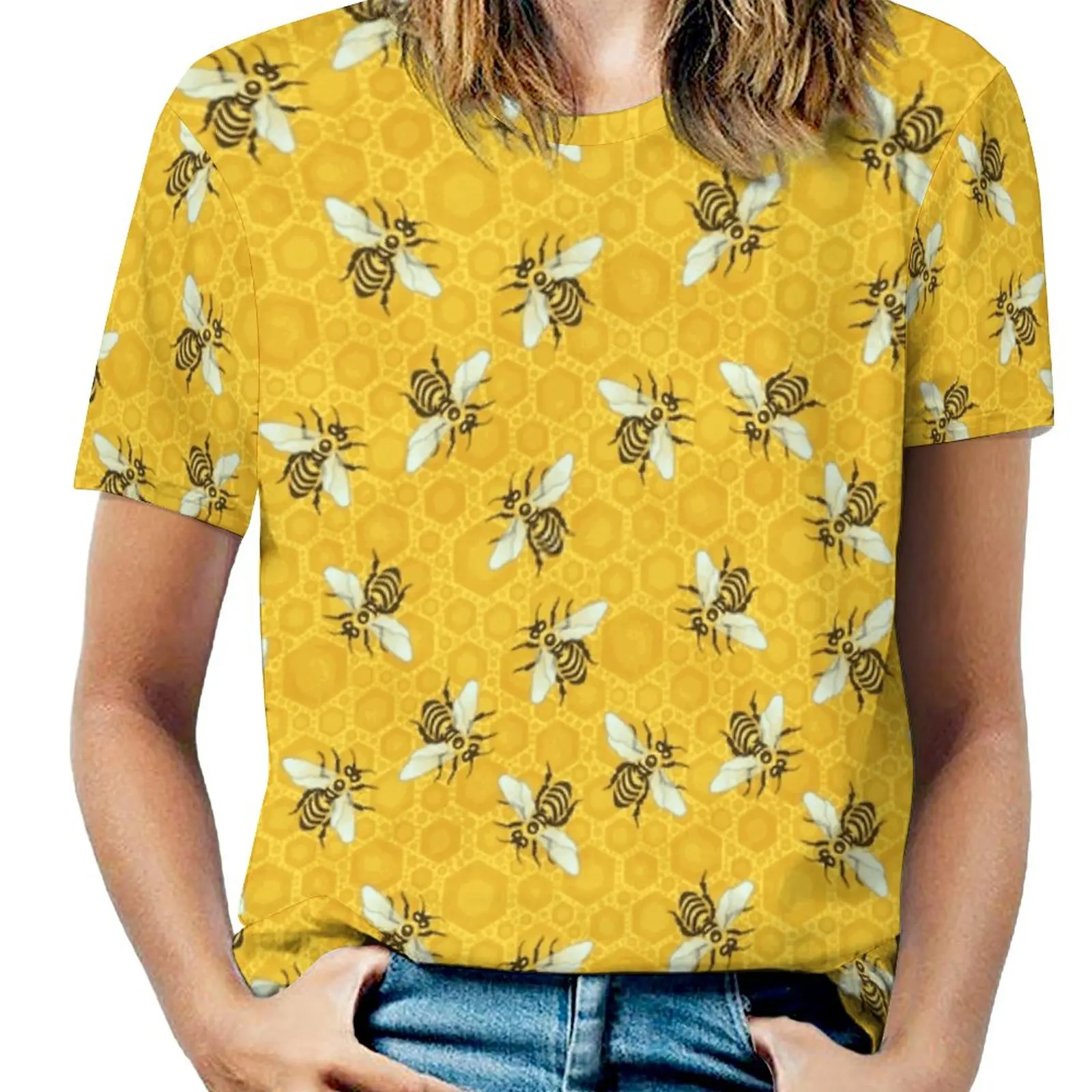 Honeybees Honeycomb Bee Apiary Pattern Fashion Print Women Ladies Girls T-Shirt Harajuku Round Neck Short Sleeve Tops & Tees