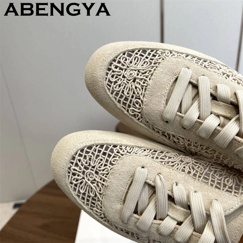 Breathable Hollow Out Weave Flat Shoes Women Round Toe Lace Up Suede Casual Sneakers Summer Comfort Walking Running Shoes Female