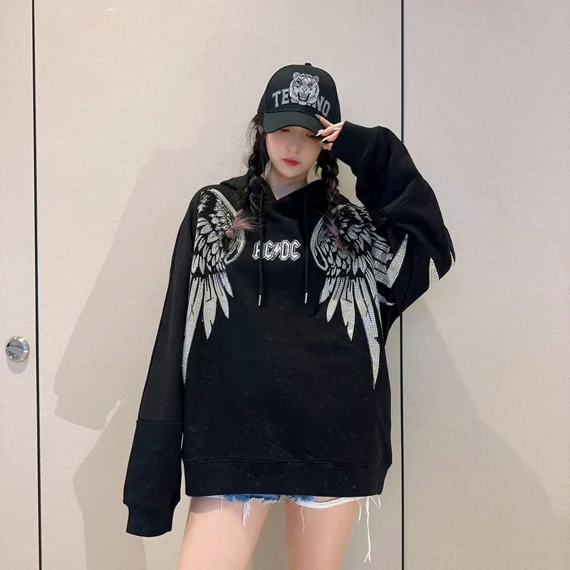 Trendy Spring Autumn Women Sweatshirt Oversize Hooded Pullover Top Streetwear Luxury Wings Hot Drilling Black Casual Hoodies