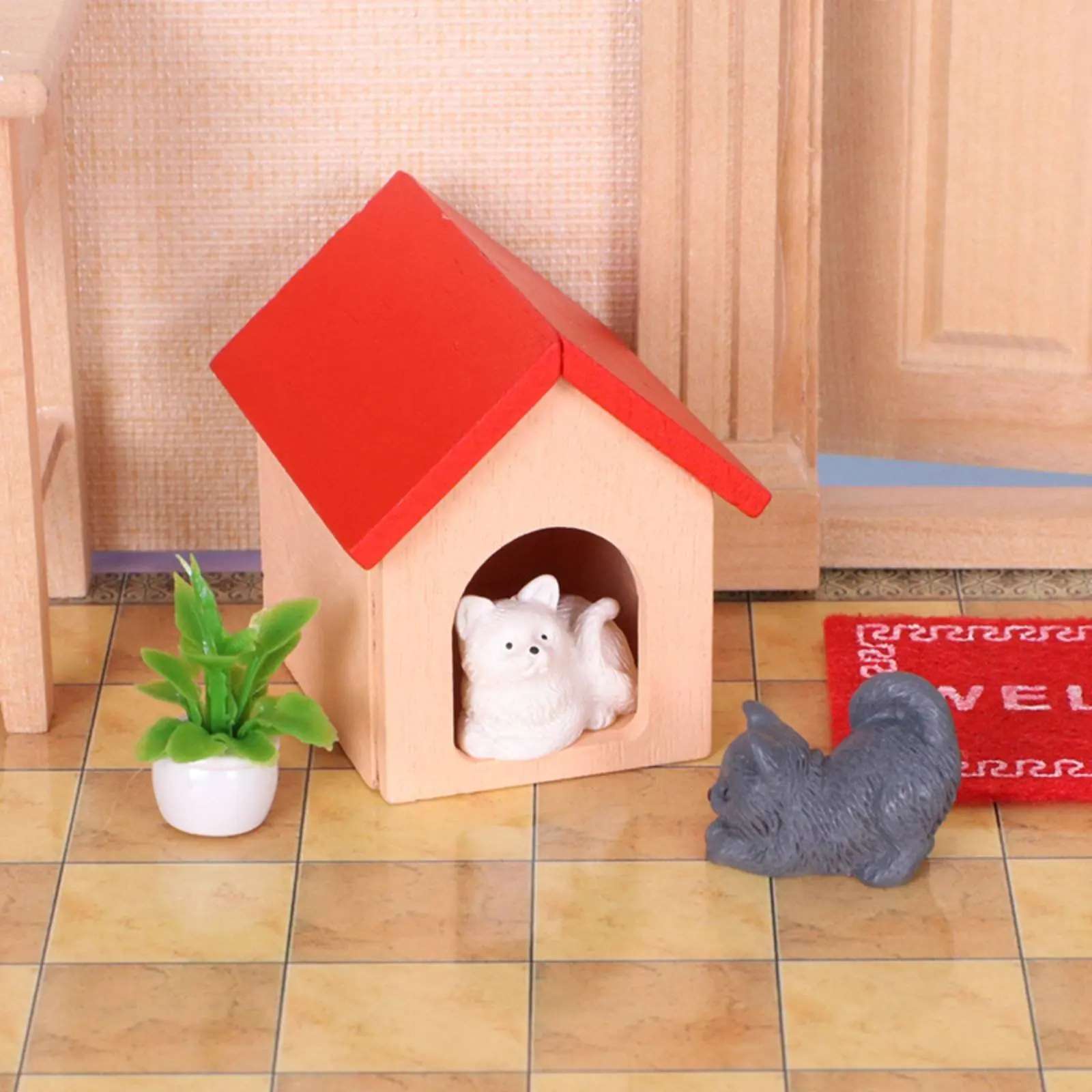 

Dollhouse Dog House Safe Polished Surface 1:12 Scale Feline Miniature Mini Wooden Pet House Educational Pretend Play