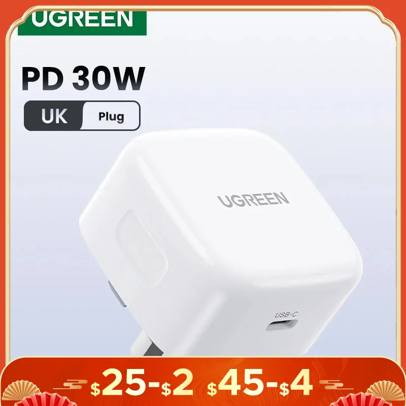 【UK Plug】UGREEN Quick Charge 4.0 3.0 QC PD Charger 30W USB Type C Fast Charger for iPhone 15 14 13 Pro Xiaomi Phone PD Charger