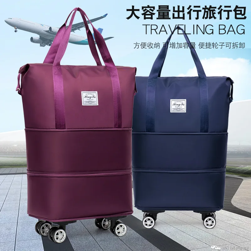 Luggage Bag Removable Universal Wheel Oxford Cloth Rod Bag College Student Storage Folding Travel Bag Expandable Travel Luggage