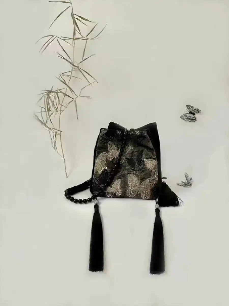 Bloom Chinese Style Black Bucket Women Butterfly Embroidery Casual Messenger Bag Female Fairycore Aesthetic Handbag Chic