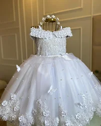 White Pearls Flower Girl Dress For Wedding 3D Butterfly Sleeveless With Bow Birthday Party Kids Christmas Princess Ball Gown