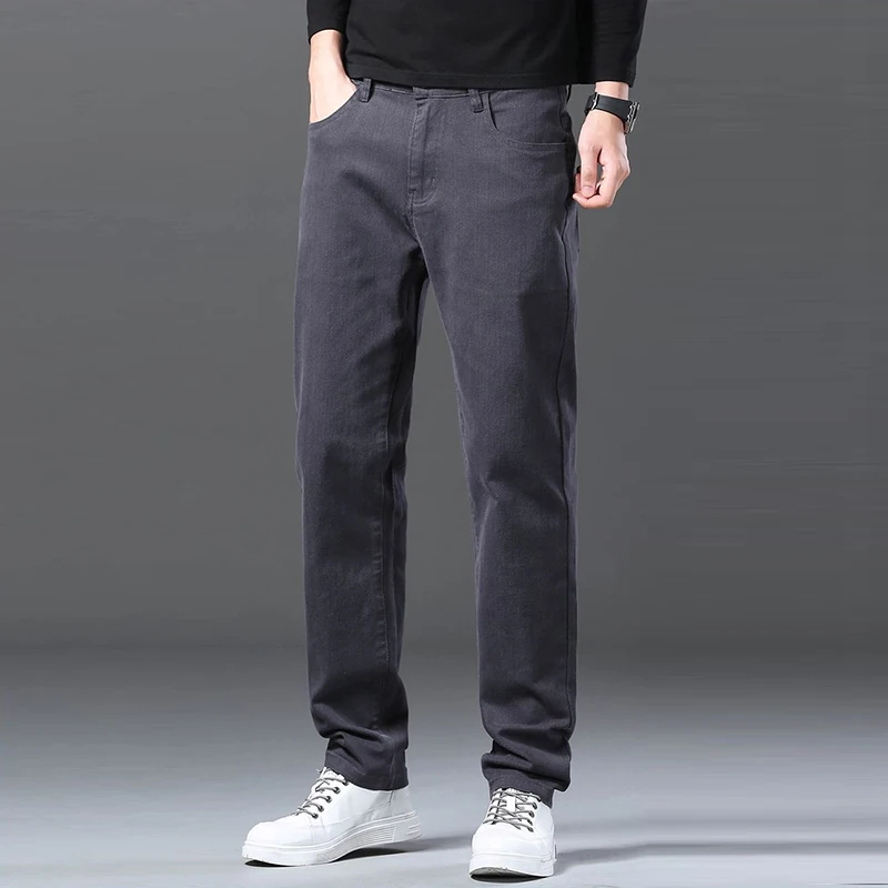 

Мужские утолщенные теплые джинсы на флисовой подкладке, мужские удобные повседневные джинсовые брюки, модные саржевые свободные прямые брюки