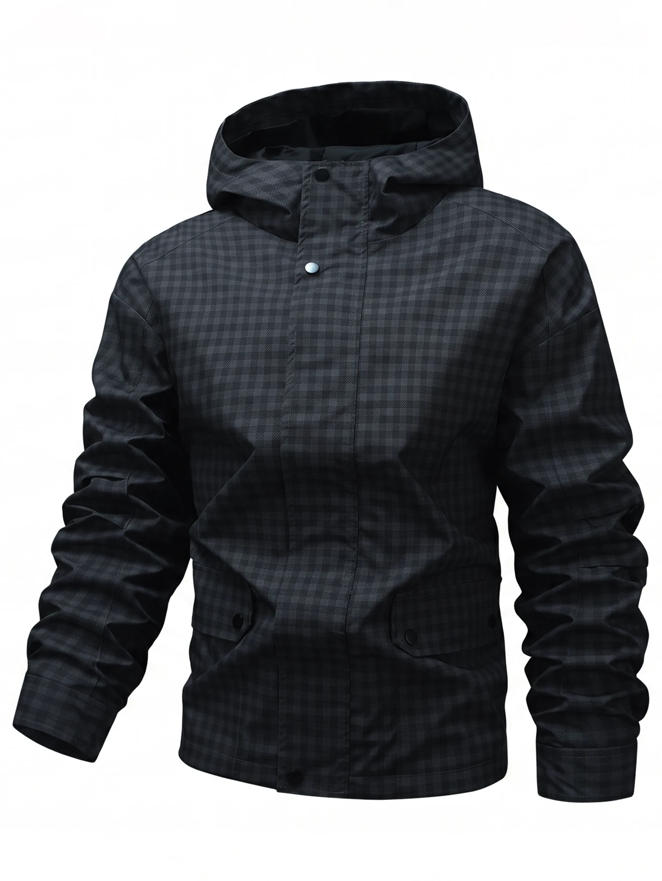 Men Autumn Winter Plaid Hooded Windproof Coat, Classic Mini Check Pattern, Attached Hood, Large Flap Pockets, Sturdy Wrinkle-resistant, Multi-color, Hiking Commuting Work Outerwear