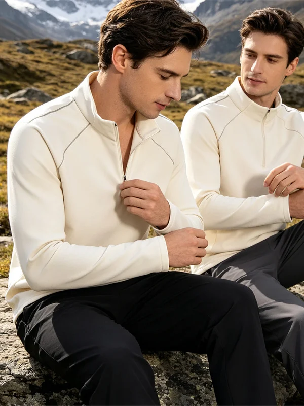 High-End Self-Heating Double-Sided Thickened Flocking Autumn Winter Men's 3D Half Zipper Stand Collar Velvet Warm Sweatshirt