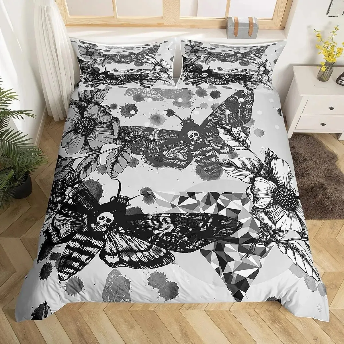 Boho Gothic Totenkopf-Bettwäsche-Set, Totenmotten-Bettbezug-Set, King-Queen-Full-Twin-Größe, Galaxie-Sonne-und-Mond-Polyester-Bettdeckenbezug
