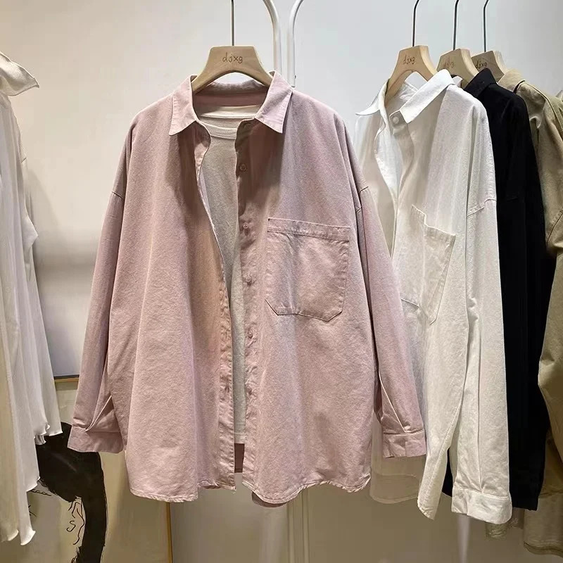 Loose Fit Pure Color Workwear irt Korean Japanese Brand Women's Casual Long Sve  Collar Cotton Blend Top