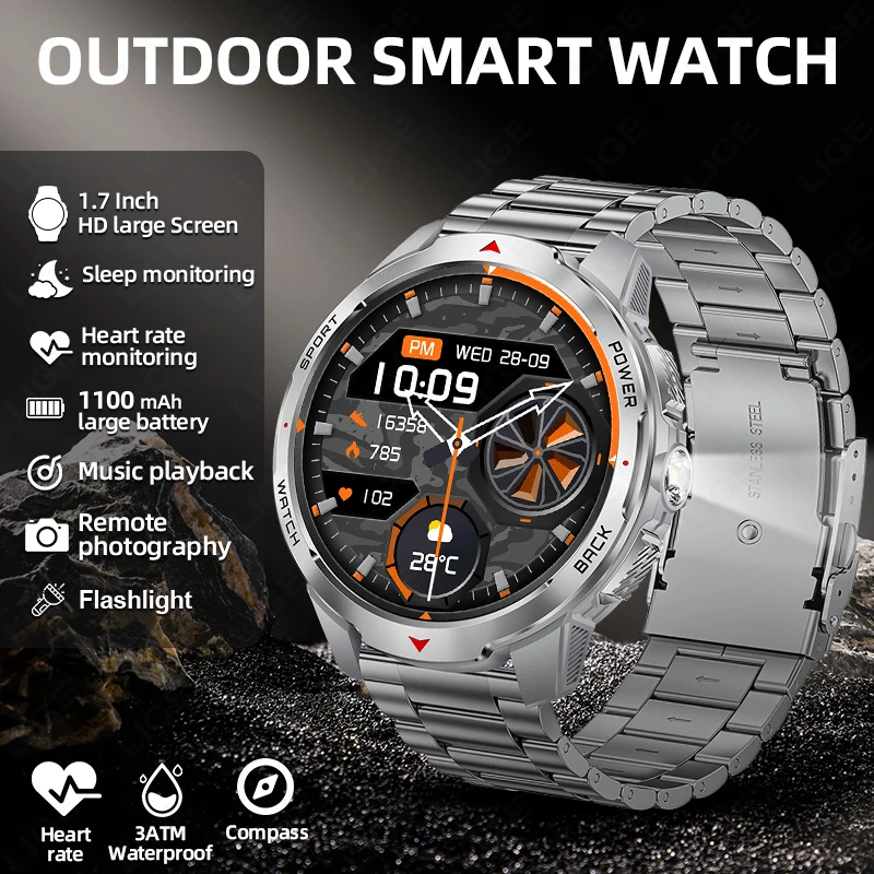 

Новые умные часы 2026 года с LED-фонариком, аккумулятором 1100 мАч, HD-экраном 1,7 дюйма, компасом, водонепроницаемостью 3ATM, для активного отдыха, мужские