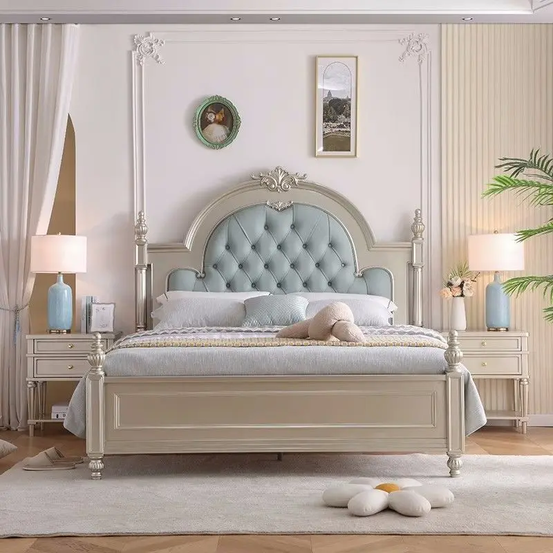 American light luxury double bed, master bedroom French solid wood cloth buckle bed, princess Roman column solid wood bed